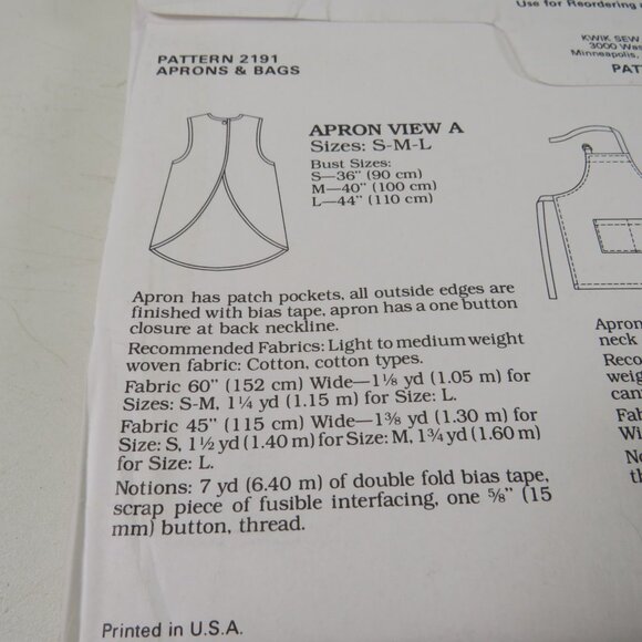 Kwik Sew 2191 Sewing Pattern Aprons, Shopping Bag, Lunch Bag UNCUT - Picture 5 of 7